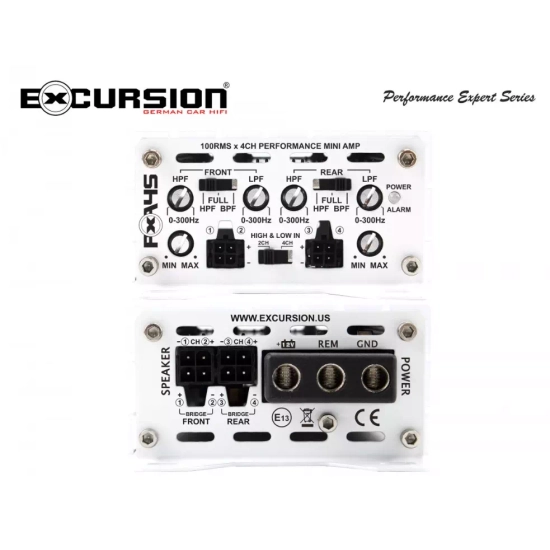 Excursion PXA-45 4-kanałowy mini wzmacniacz samochodowy do fabrycznych systemów audio - moc RMS: 4x80-100W / 2x200W, klasa FRD, wej. High/Low, Auto On
